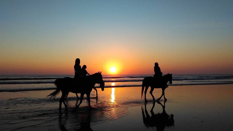 paardrijden bij zonsondergang